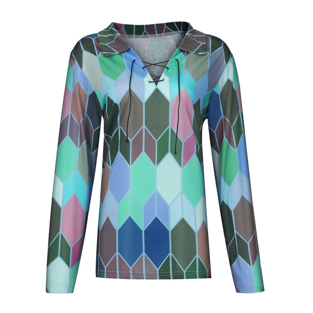 Fashion Women Prints Long Sleeve Color Matching Bandage Tops Blouses