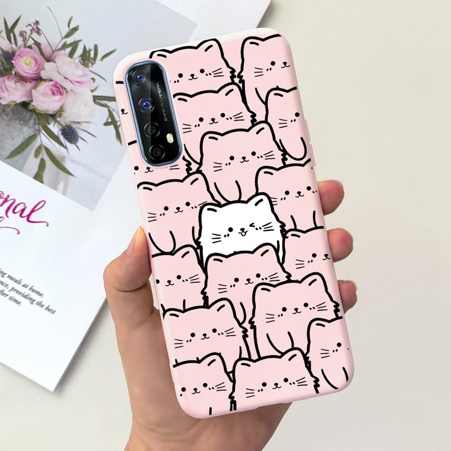 For Realme 7 4G Global Version Case Matte Liquid Silicone Bumper Shell For Realme7 RMX2155 Back Cover Lovely Cat Design Fundas