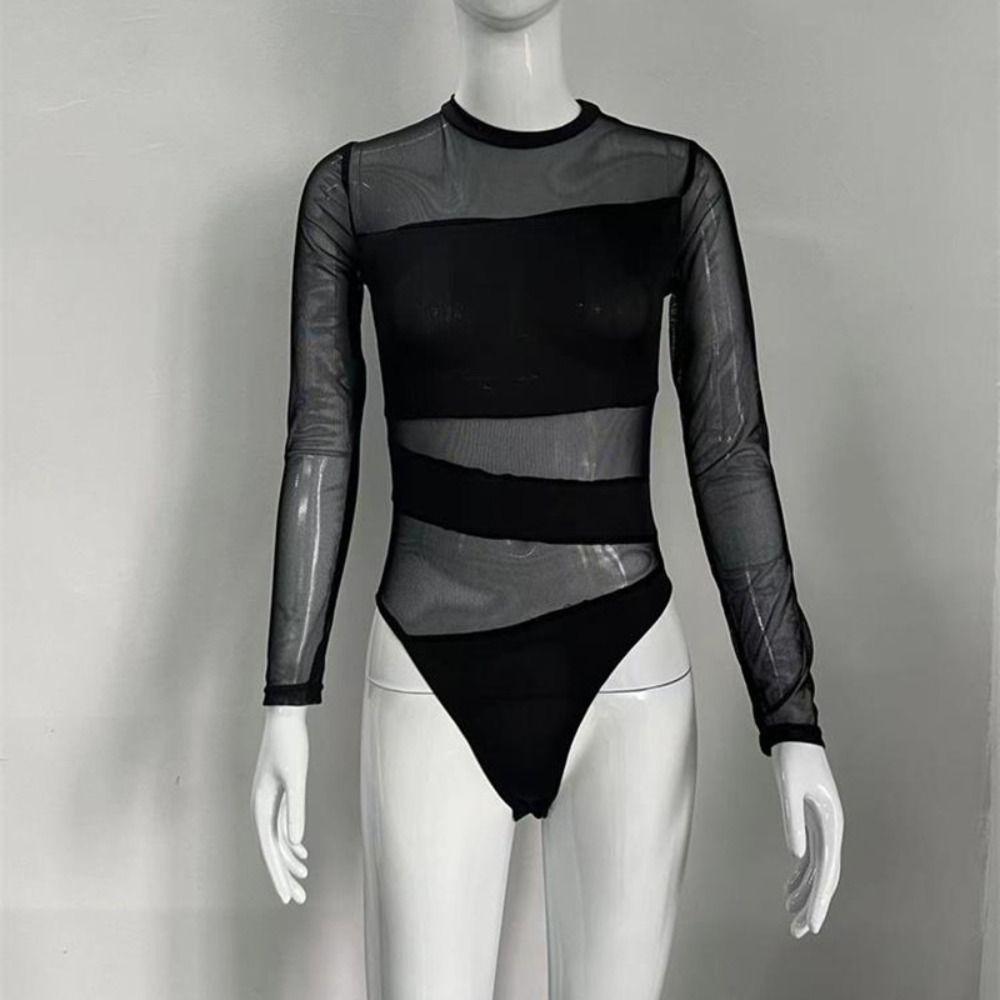 High Waist Long Sleeve Lace Jumpsuit Transparent Slim Fit Bodysuit INS Underwear for Women Female