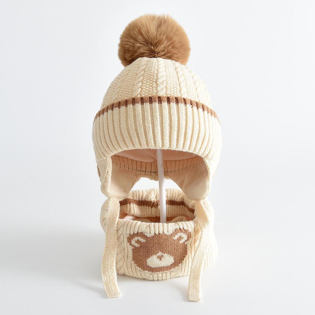 Детский милый зимний набор: шапка с ушками медвежонка и шарф - Теплый, ветрозащитный вязаный комплект для школьников