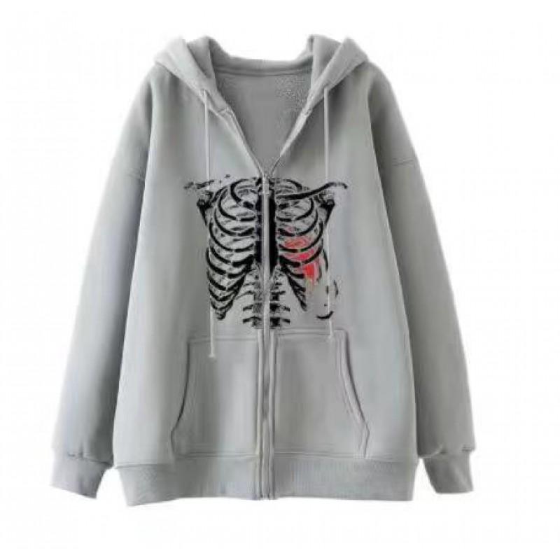 Dark Skull Graphic Zip Up Hoodie Gothic Streetwear Loose Fit Men Women Teens