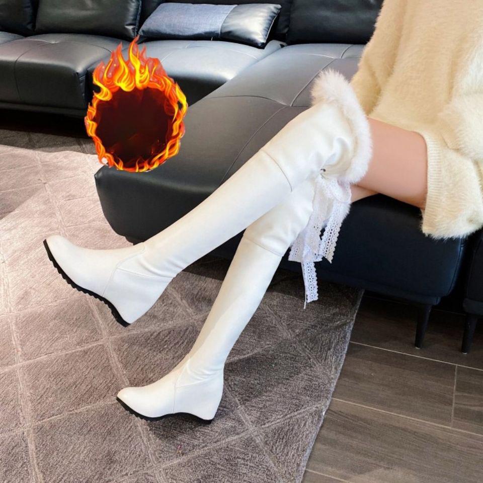 Сапоги выше колена на увеличенной внутренней танкетке, женские осенне-зимние зимние сапоги, эластичные высокие сапоги, бархатные кожаные сапоги до бедра