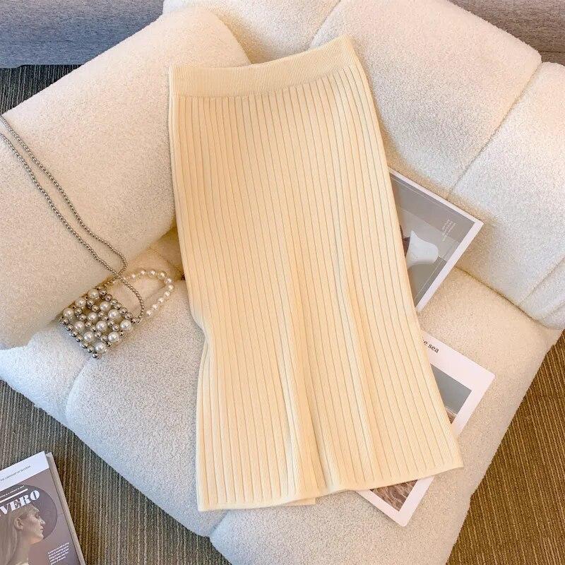 Элегантная офисная женская однотонная прямая юбка, повседневная трикотажная юбка в полоску, осень/зима, юбка средней длины с высокой талией и запахом на бедрах 29474