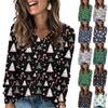 Women's Fashionable Loose-Fit V-Neck Long-Sleeved T-Shirt Christmas Print Pullover