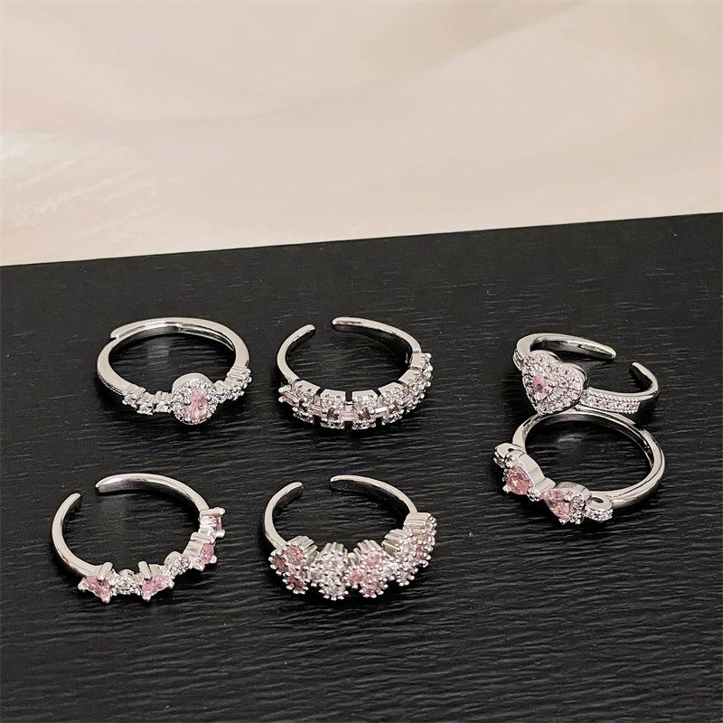 Pink Girl Love Bow Open Ring Niche Light Luxury High Sense Inlaid Zircon Simple Colored Jewelry Women