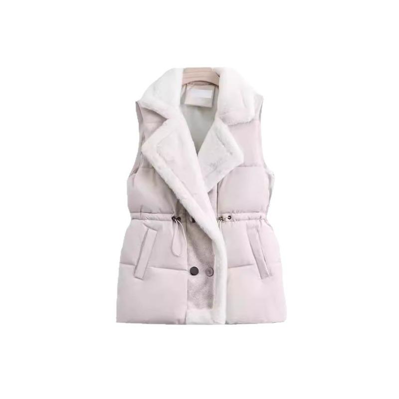 Lamb Wool Splicing Down Cotton Vest Women Wear Outside In Winter Autumn and Winter New Fur Integrated Lapel Drawstring Vest