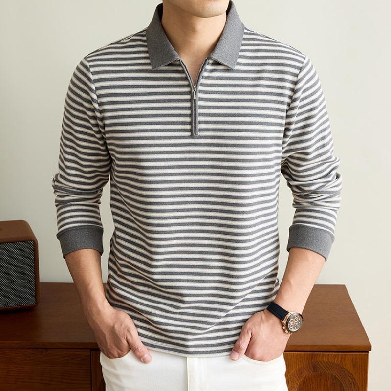 Men S Striped Half Zip Polo Shirt Thick Casual Autumn Top