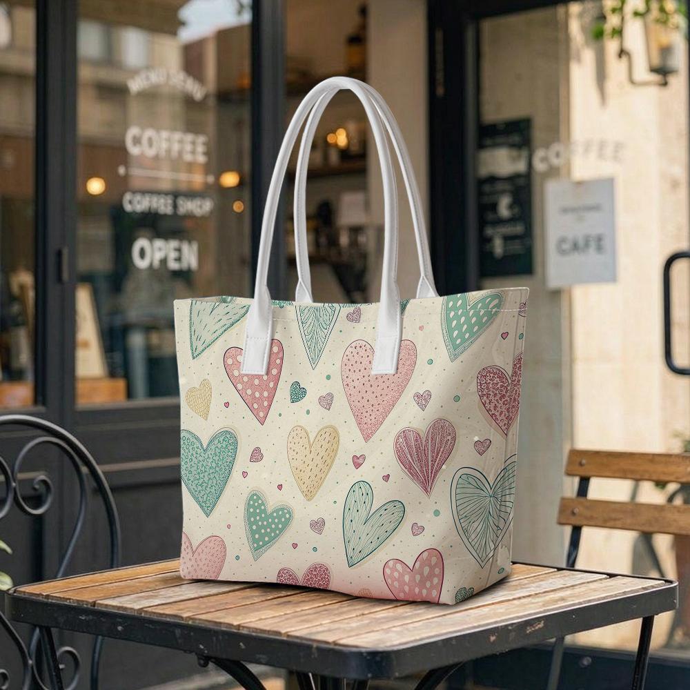 Cute Heart Pattern Tote Bag Casual Portable Shoulder Handbag for Daily Use