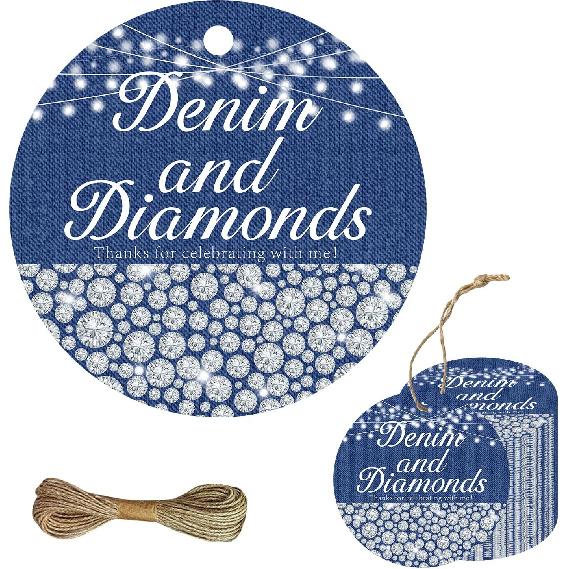50PCS Denim and Diamonds Bachelorette Thank You Tags Blue Silver Denim and Diamonds Decor New Jeans Bridal Shower Decor Jewelry Birthday Gift Tags