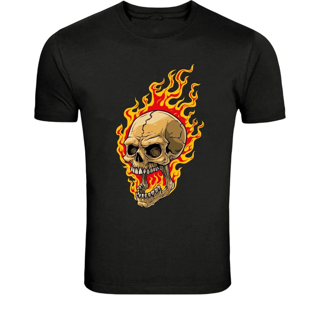 Flaming Skull Fire T-Shirt - Burning Skeleton Horror Graphic Tee