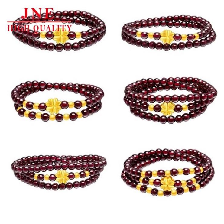Gilt Pixiu Bracelet Women Imitation Gold Garnet Bracelet Lady Lucky Golden Balls Four-Leaf Clover Lucky Beads 3D Hard Pure Gold