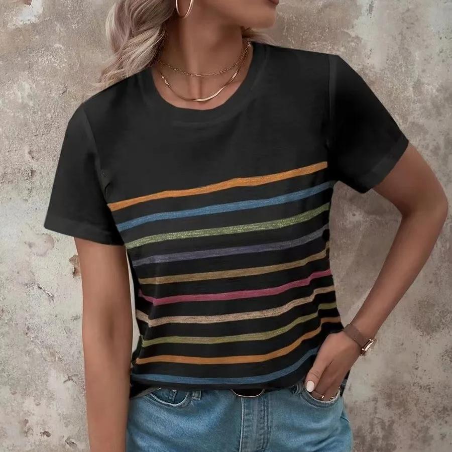 Summer Women Fashion Striped T-Shirt Holiday Tops 3d Print Shirt Harajuku Female Shirt Loose Set Head Short-Sleeved Clothing
