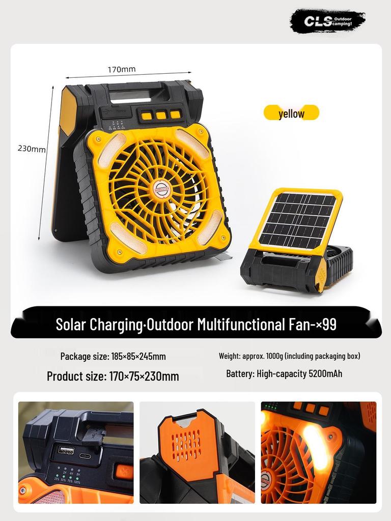 Solar-Powered Portable Camping Fan with USB Charging and LED Light