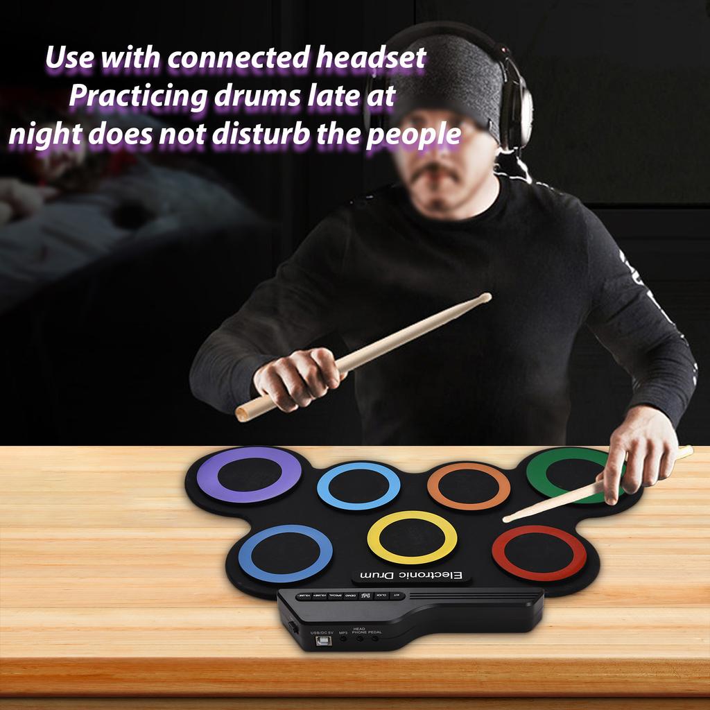 Электрическая барабанная установка, портативный комплект барабанных пэдов, 7 пэдов с разъемом для наушников, педали, барабанные палочки для праздника