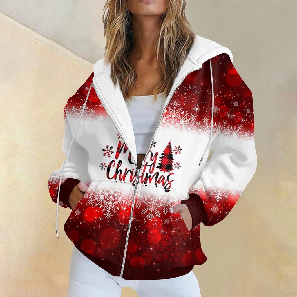 Женская модная повседневная толстовка с рождественским принтом и длинными рукавами, карманная куртка, пальто с капюшоном на молнии