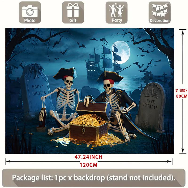 Party Backdrop Halloween Pirate Moon Skeleton Treasure Chest Flat Spooky Night Photo Background Decor Outdoor Party Decor
