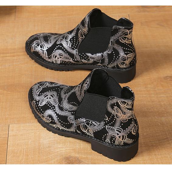 Зимние женские модные кожаные принтованные двойные слипоны на плоской подошве в стиле ретро, короткие ботильоны большого размера для женщин D90