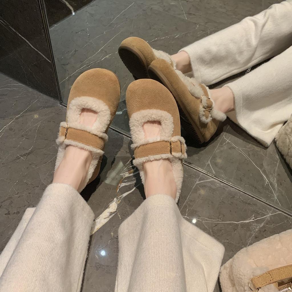 Коровья кожа~ виноградный ма тот же круглый носок с маленьким низким каблуком легкий рот хлопковые туфли пушистые и бархатные туфли Мэри Джейн женские зимние