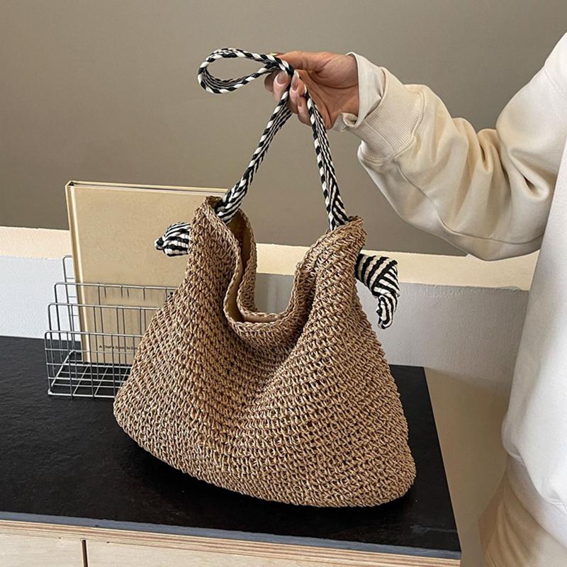 Big Capacity Straw Beach Bag Vintage Handmade Woven Shoulder Bag Raffia Rattan Handbag Bohemian Summer Vacation Crossbody Bags