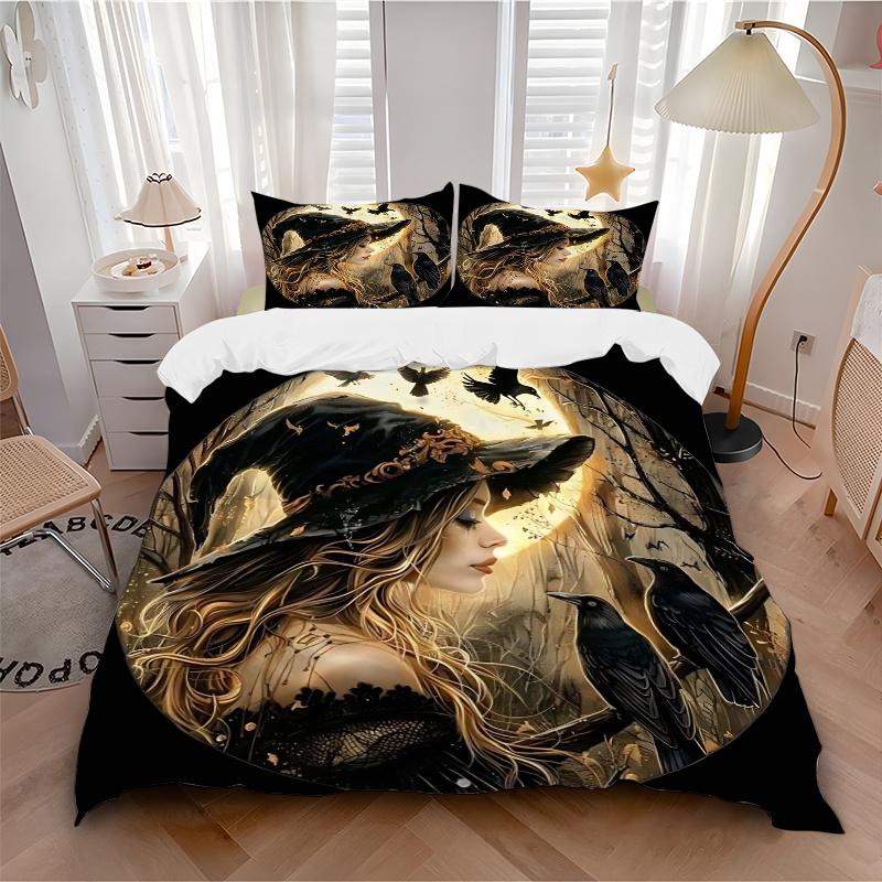 3pcs Witch's Moonlit Journey Bedding Set - Includes Quilt Cover and Pillowcases, Suitable for All Seasons J094