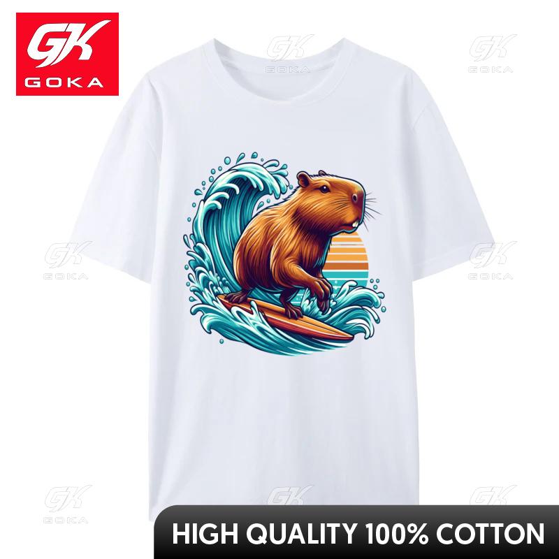 Capybara Surfer Wave Surfing Cute Vintage Surf Capybara Summer Design Tshirts Company Autumn Tops Tees Cotton Unisex Comfortable