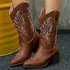 Women Boots Cowboy Boots Women Vintage Brown Embroidered Pointed Toe Brown Long Boots Chunky Mid Calf Women Shoes