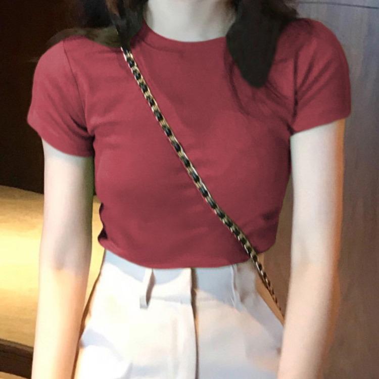 Летние женские облегающие укороченные топы, футболки с короткими рукавами, повседневные футболки с круглым вырезом, пуловер, чистый цвет