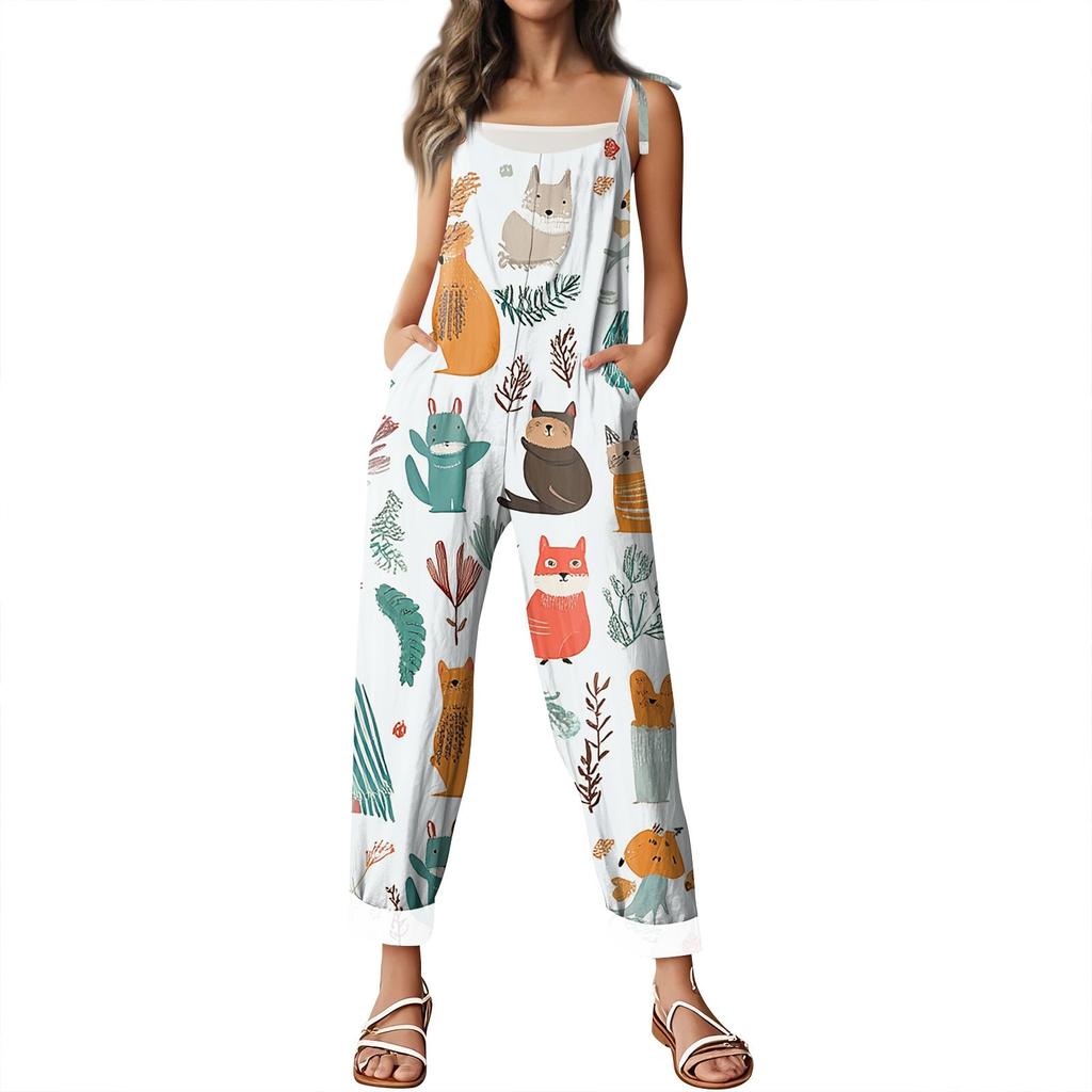 Женский комбинезон с рождественским принтом, повседневный свободный винтажный комбинезон из хлопка и льна