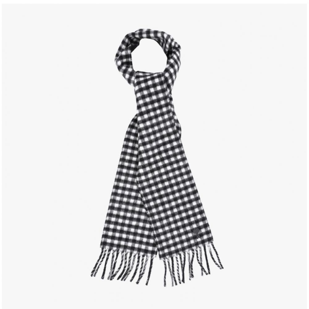 Ami Dr Le De Monsieur Heart Logo Leather Patch Fringe Check Scarf Usf699 Aw0059