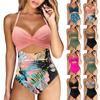 Womens Print Halter Swimsuit Cutout One Piece Beachwear Tummy Control Cross Back Bathing Suit