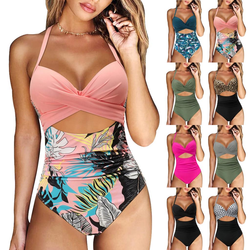 Womens Print Cutout Swimsuit Cross Back Bathing Suit