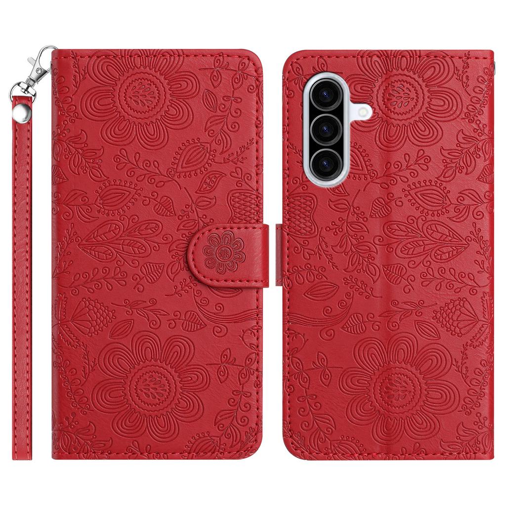 For Samsung Galaxy A57 5G Case Flower Imprint Leather Flip Wallet Phone Cover with Wrist Strap