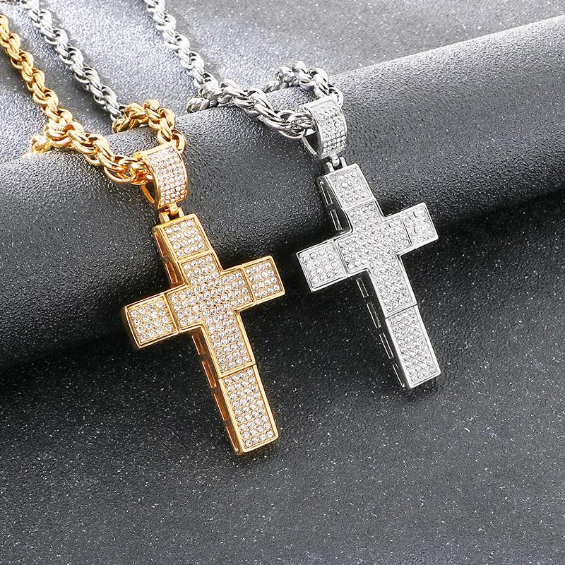 Hip Hop Full Rhinestone Stainless Steel Cross Pendant Necklace for Men Larger Gold Color Cross Party Jewelry Gift CNC Stone