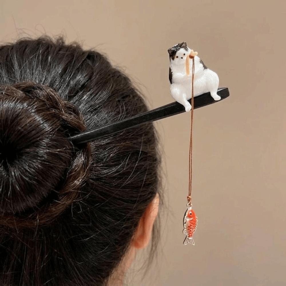 Black Sandalwood Wooden Hair Stick Tassel Hanfu Hairpin Antique Cat Fishing Hair Stick Girl