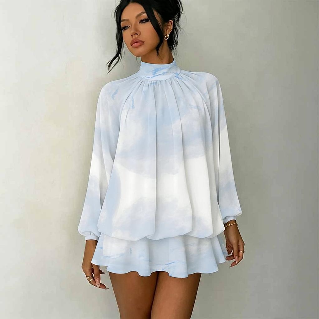 Women's 3D Irregular Texture Print Mock Neck Long Sleeve Dress, Raglan Sleeve Fake Two Piece Mini Dress