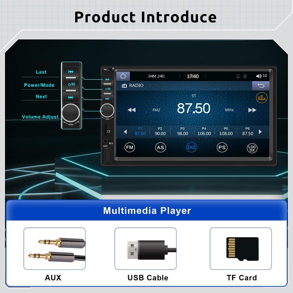 2 Din Car Audio Car Stereo Bluetooth с Android Hodozzy 7-дюймовый экран 2 Din Dual Din Car Radio с эквалайзером USB AUX Car Multimedia Backup Camera CarPlay,