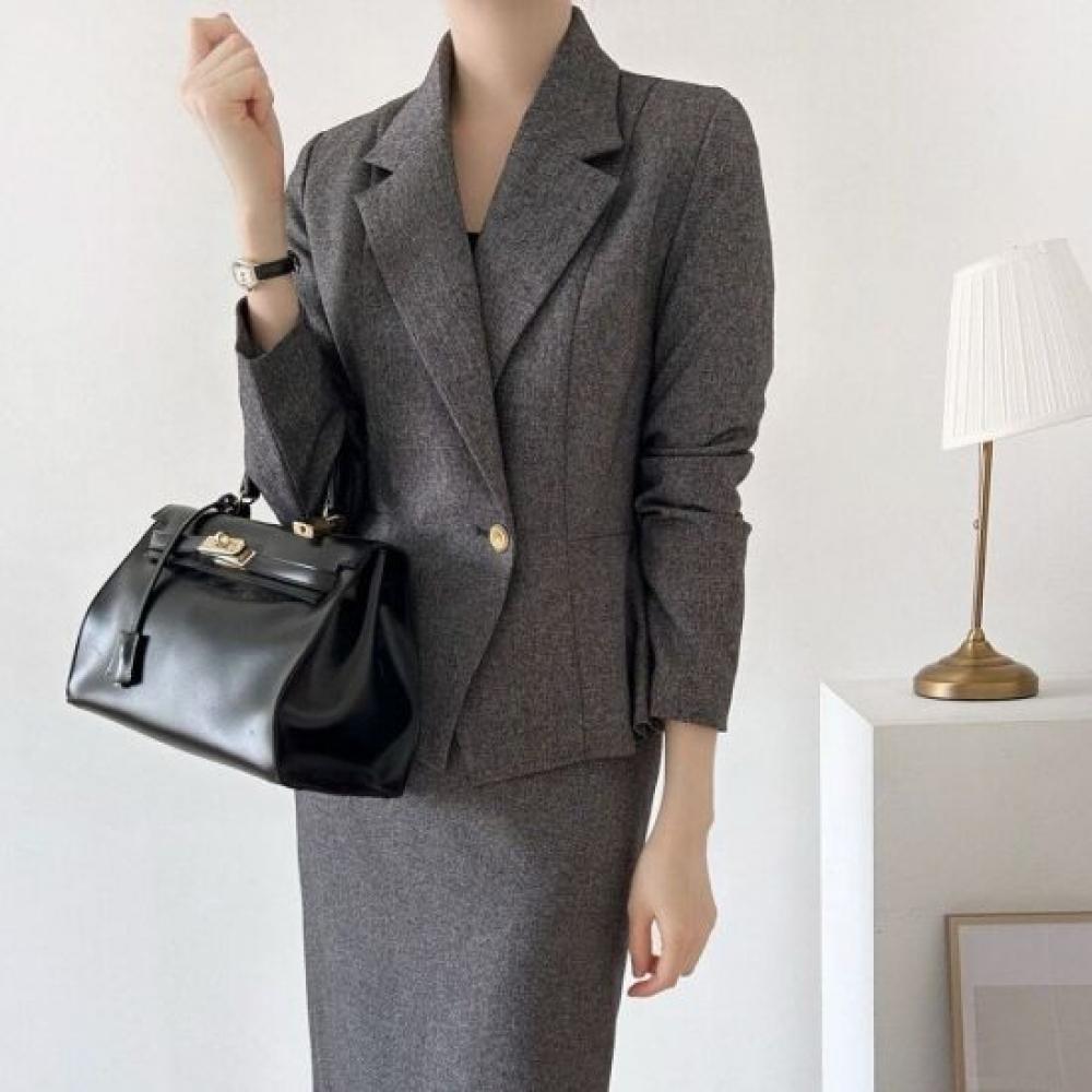 Style Latte Women Peplum Single Button Jacket Tailored Stretch Suit