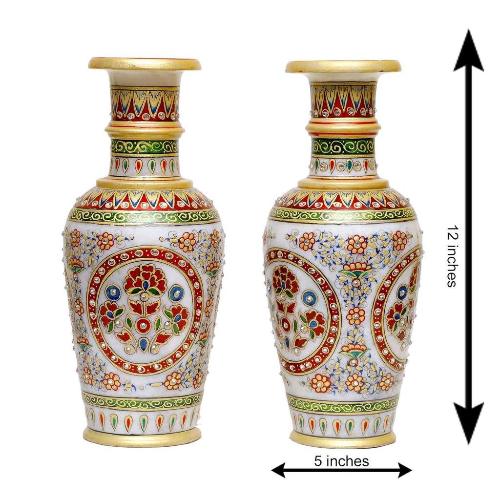 Designer Decorative Marble Flower Vase | Round Shape Beautiful Rajasthani Meenakari Handpainted Work Showpiece Vases