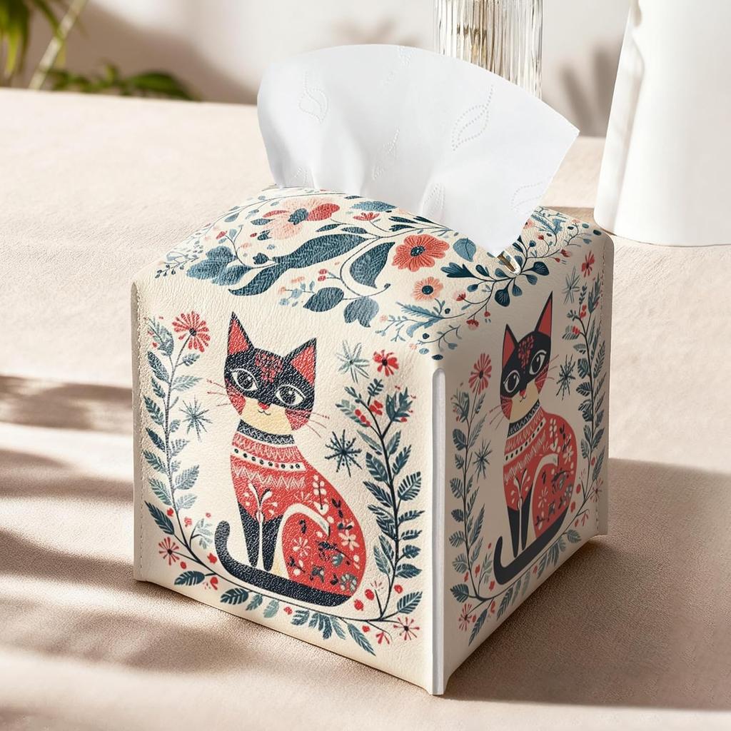 Cat Tissue Box Holder, Nordic Cat Leather Tissue Box Cover Square, Paper Napk Everyday Dispenser Accessories for Bathroom Vanity Countertop Night