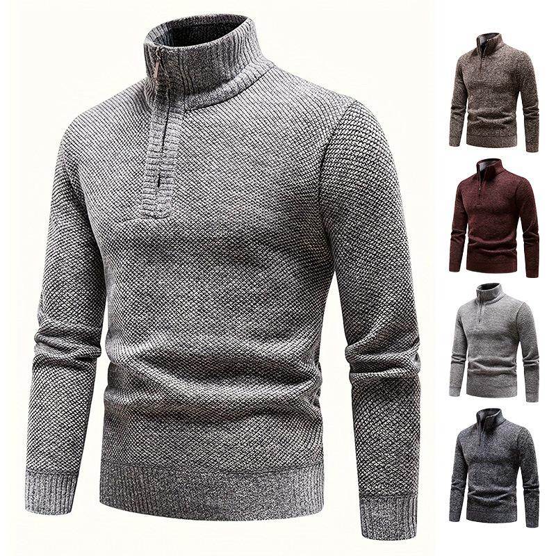 Men's Autumn Winter Fleece Lined Knit Sweater, Stand Collar Half Zip Pullover Thickened Knit Outerwear for Men