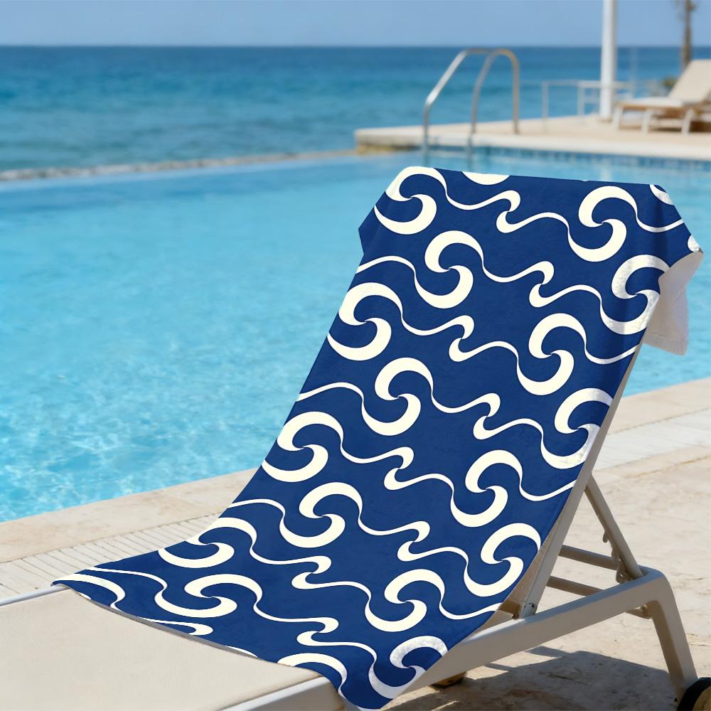 Japanese Wave Pattern Beach Towel – Oversized Quick Dry Sand Free with Navy Blue & Cream Print