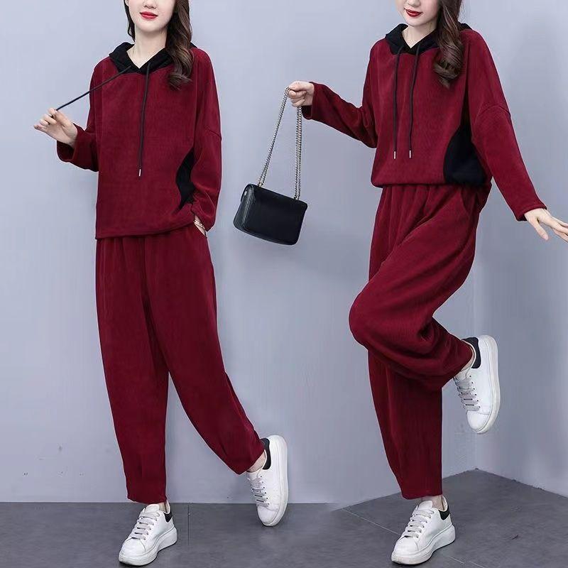 Large Casual Hooded Fashion Set Autumn New Item Thick Corduroy Large Size Flesh Covering Slimming and Casual Two-piece Set