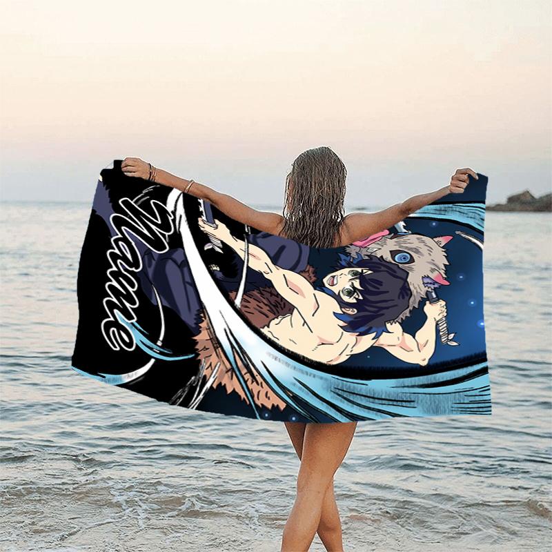 1pc Demon Slayer2 Beach Towel with Custom Name, Beach/Swimming/Bath/Picnic/Camping Towel, Suitable for Seaside Beaches