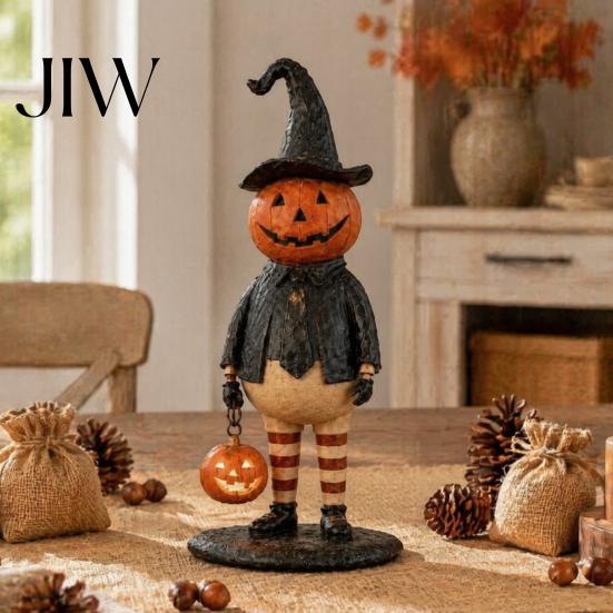 Autumn Home Ornament Pumpkin Witch Figurine, Spooky Halloween Statue with Lantern, Figurine Vintage Gothic Resin for Tabletop Mantel Shelf Decor