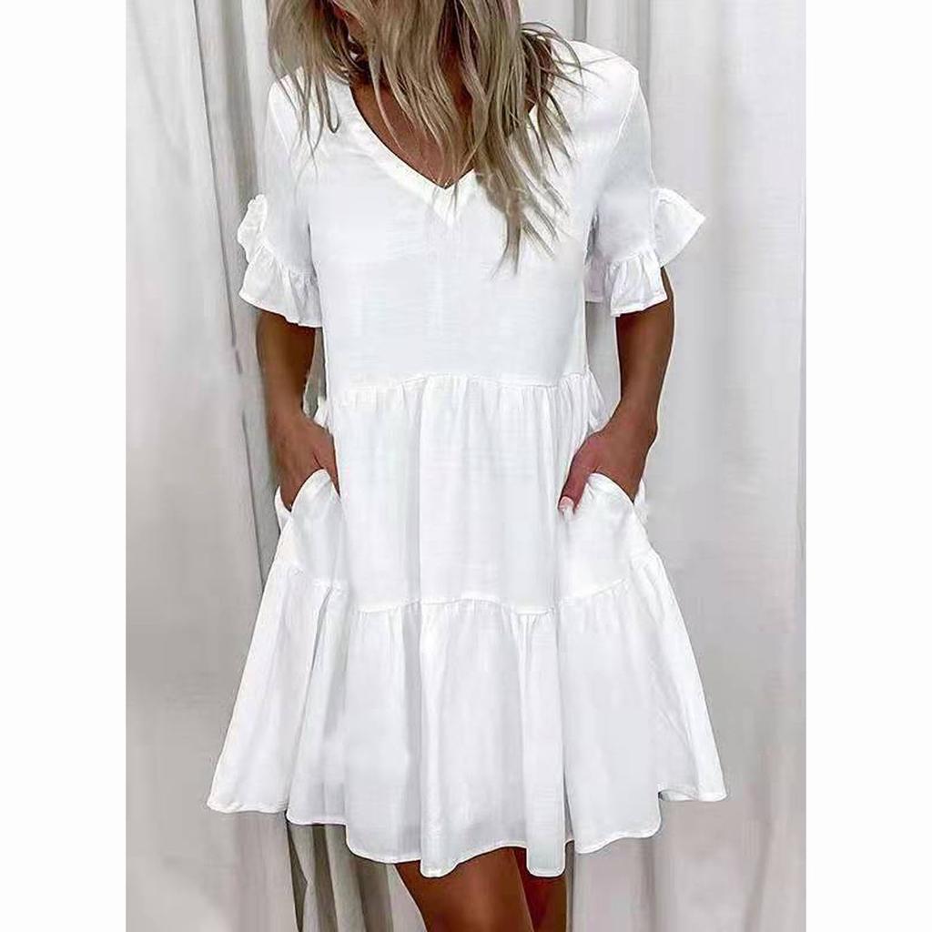 Женская мода лето весна повседневные короткие рукава V-образный вырез платья