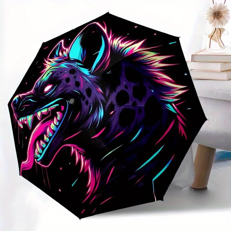 1pc Neon Wolf Auto Open/Close Leisure Cool Umbrella with Windproof, Functional Design, 8-Rib Sturdy Canopy