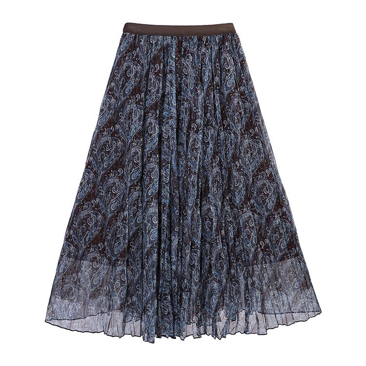 Fei Yuan Elegant High Waist Retro Paisley Mesh Midi Skirt for Women - Early Spring Collection