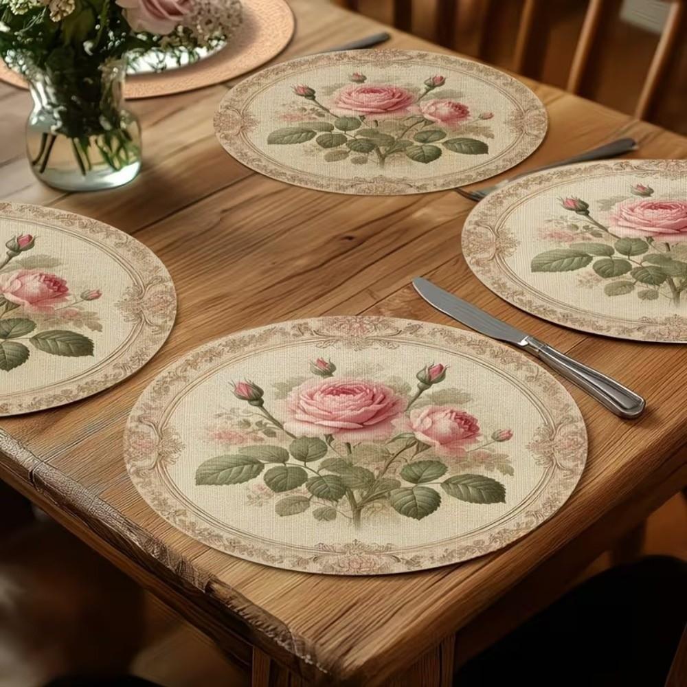 Anti-slip Flower Linen Table Mat Heat Insulation Round Dining Mat Coffee Cup Mats  Kitchen Supplies