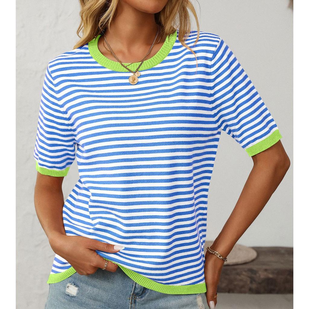 Женская модная свободная футболка с круглым вырезом в полоску с коротким рукавом и цветным узором