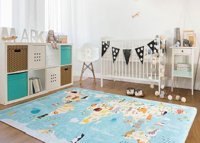 Tapis Enfant - MANI TEXTILE - Monde - Bleu - 80x150 cm - Antidérapant